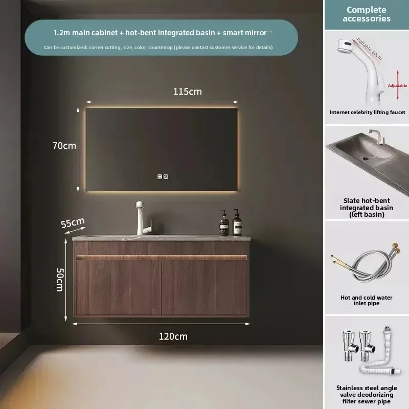 

Modern Solid Wood Bathroom Sink Cabinet Vanity Light Luxury Bathroom Cabinets Rock Slab Integrated Washbasin Bathroom Furniture