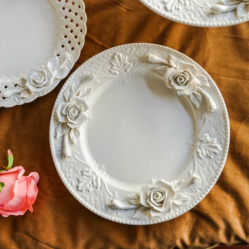 French Romantic Ceramic Pinch Flower Delicate Dim Sum Plate Embossed Afternoon Tea Dessert Plate