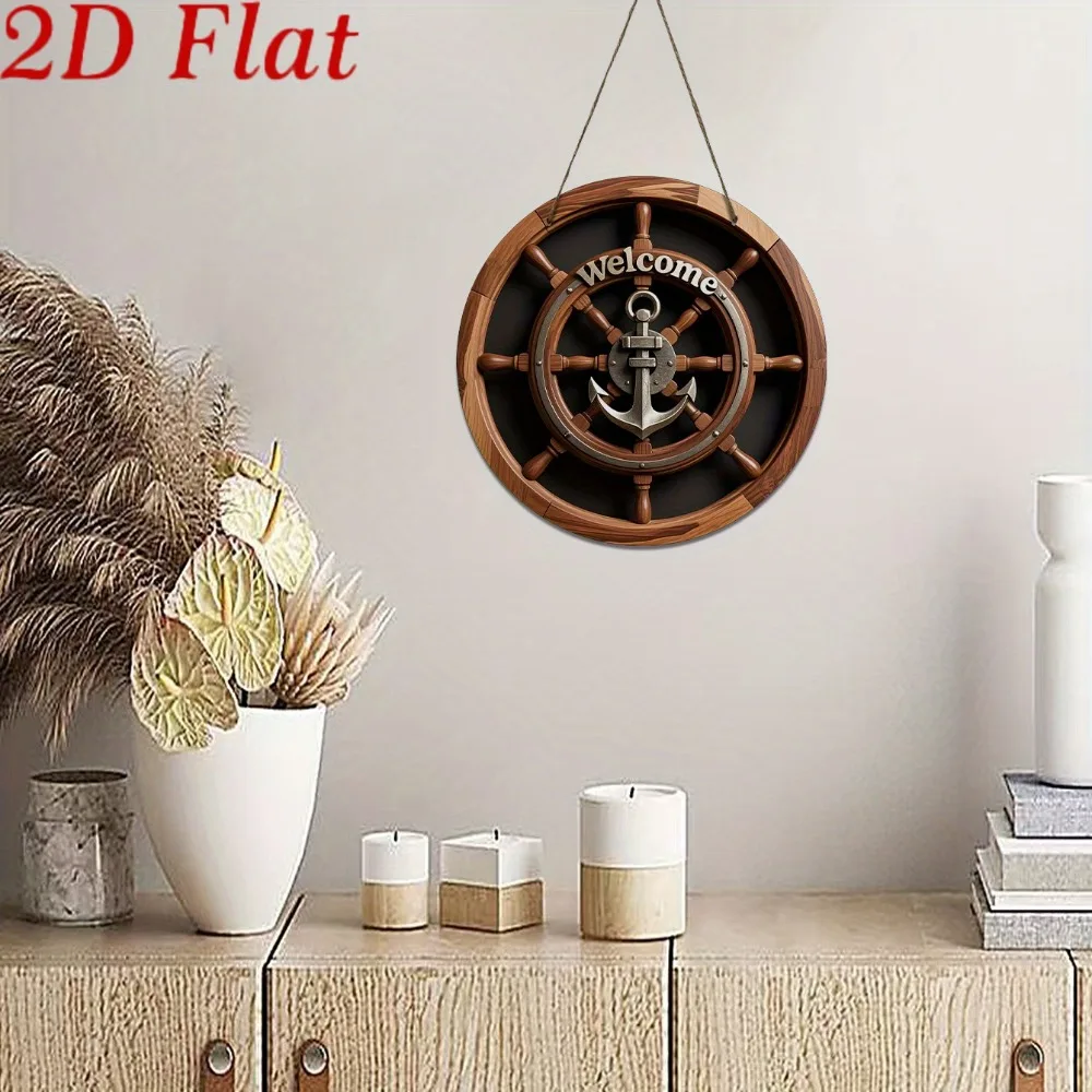 Nautical Wooden Sign Anchor Wall Decor - 2D Flat Ship Wheel Hanging Plaque for Home Living Room Nautical Theme