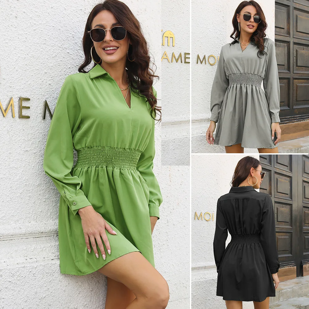 Vestidos femininos elegantes de manga comprida, primavera outono, camisa, gola, vestido feminino, cabo amarrado, wais Плаalıя Жğinе 가옷 자.05.rsi