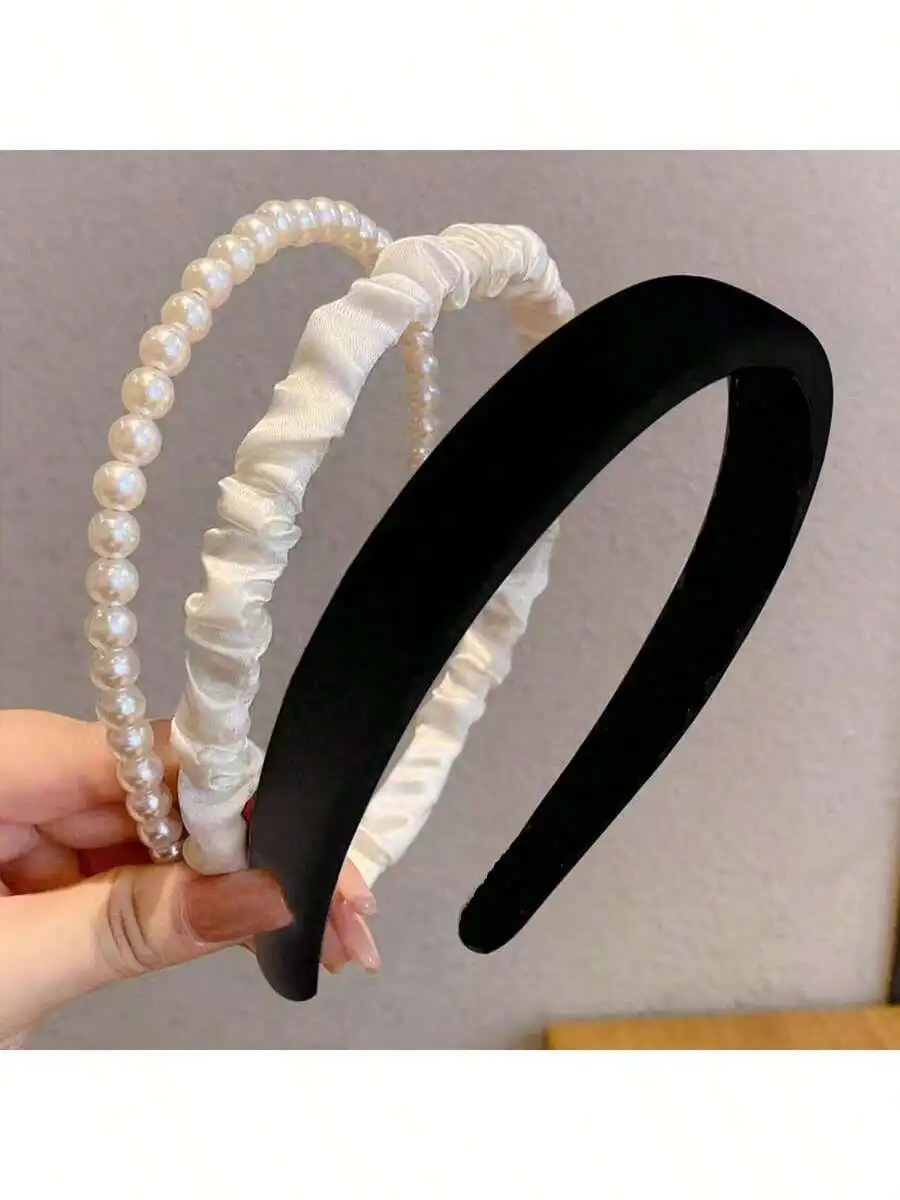 

3pcs Women Headbands Set: Pearl, Satin Ruched And Velvet Hair Hoops For Stylish Summer Look