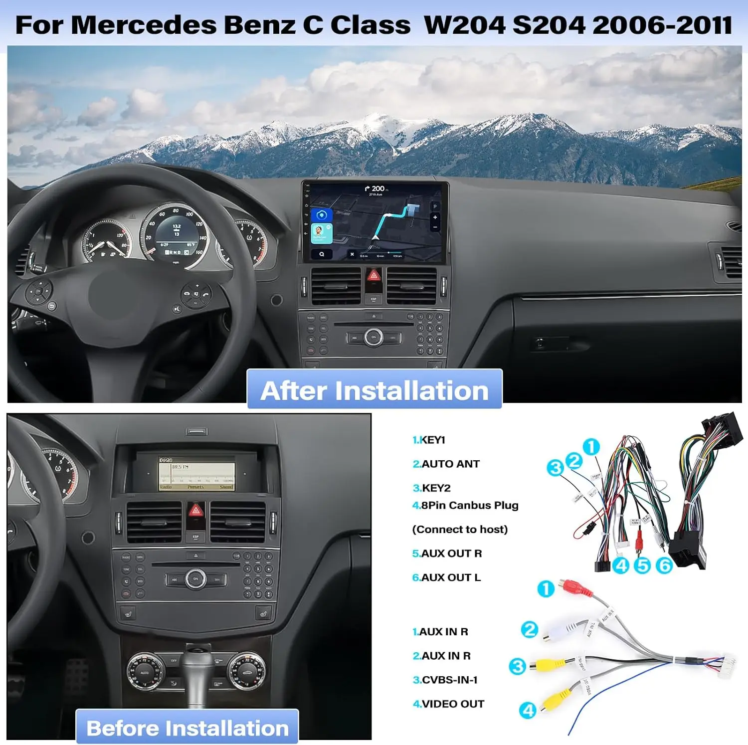 Android 13 Car Stereo for Mercedes Benz C Class 3 W204 S204 2006-2011 Wireless CarPlay Andriod Auto 9Inch Bluetooth Touchscreen