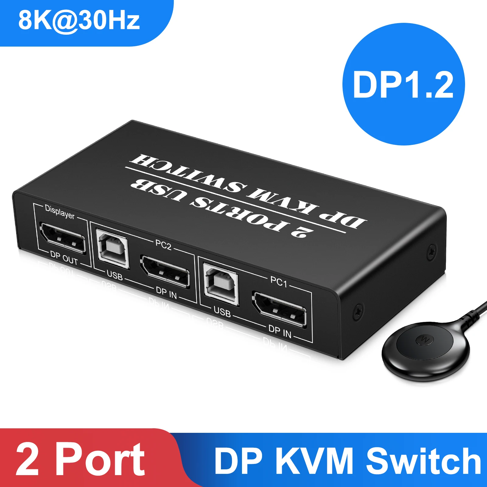 DP KVM Switch 2 Port 8K@30Hz 4K@60hz Displayport1.2 Switch 2 In 1 Out with 3 USB2.0 Port for 2 PC Laptop Share Keyboard Mouse