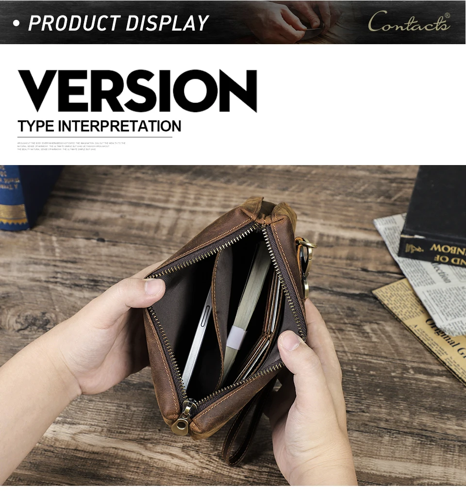CONTACT'S Vintage Herren Clutch Bag RFID Echtes Leder Clutch Wallet Bag Casual Lange Geldbörse Große Kapazität Reisehandtasche Männlich – Detail 9