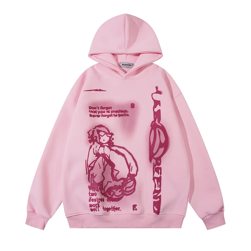 Japanese Anime Streetwear Hoodie Men and Women Oversized Hip Hop Streetwear Cotton Hooded Sweatshirt Pink Apricot Black Hoodie