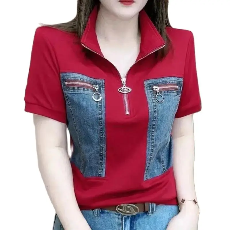 Spring Summer 2024 New Women\'s T-Shirt Fashion Cotton Stand Collar Loose Short Sleeves Joker Slim Stitching Casual Denim Tops