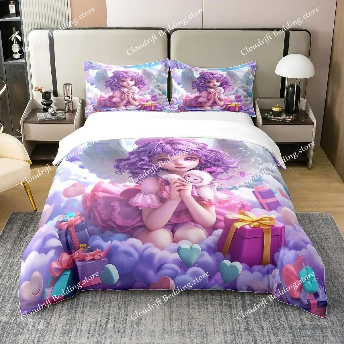 Angel Duvet Cover Queen Size,Angel Wings Comforter Cover,Palace Bedding Set 3D Printed Rainbow Quilt Cover,Luxury White