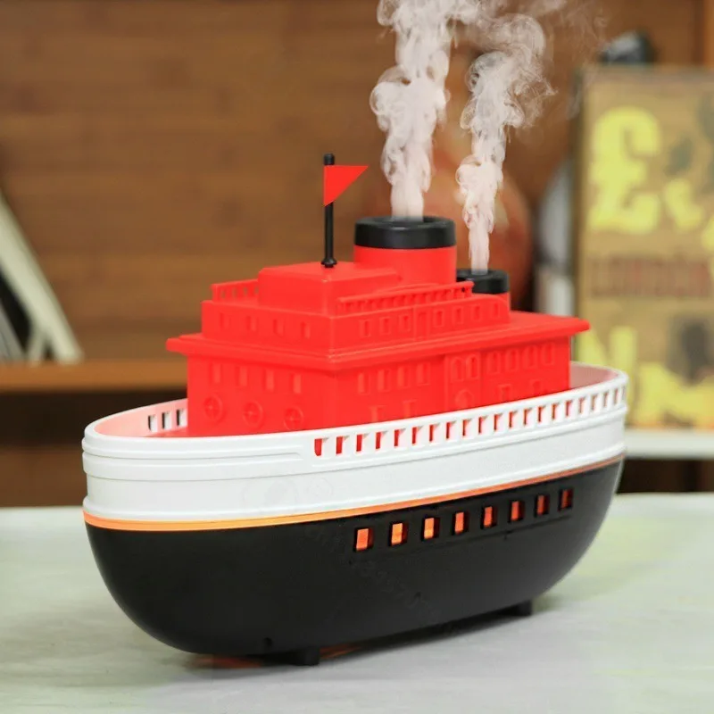 Retro Steam Ship Ultrasonic Aroma Diffuser Dual Mist Outlet Warm Light Home Desktop Humidifier Creative Decor Ornament