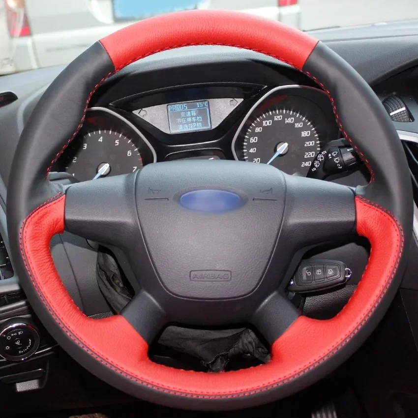 

Hand-Stitch Non-slip Black Red Genuine Leather Car Steering Wheel Cover for Ford Focus 3 2012-14 Kuga Interior Accessories