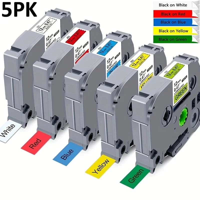 5pcs Compatible with Brother TZe Tape 12mm 0.47'' Perfect for P-Touch Label Makers TZe-231, TZe-631, TZe-431, Tze531, TZe-731