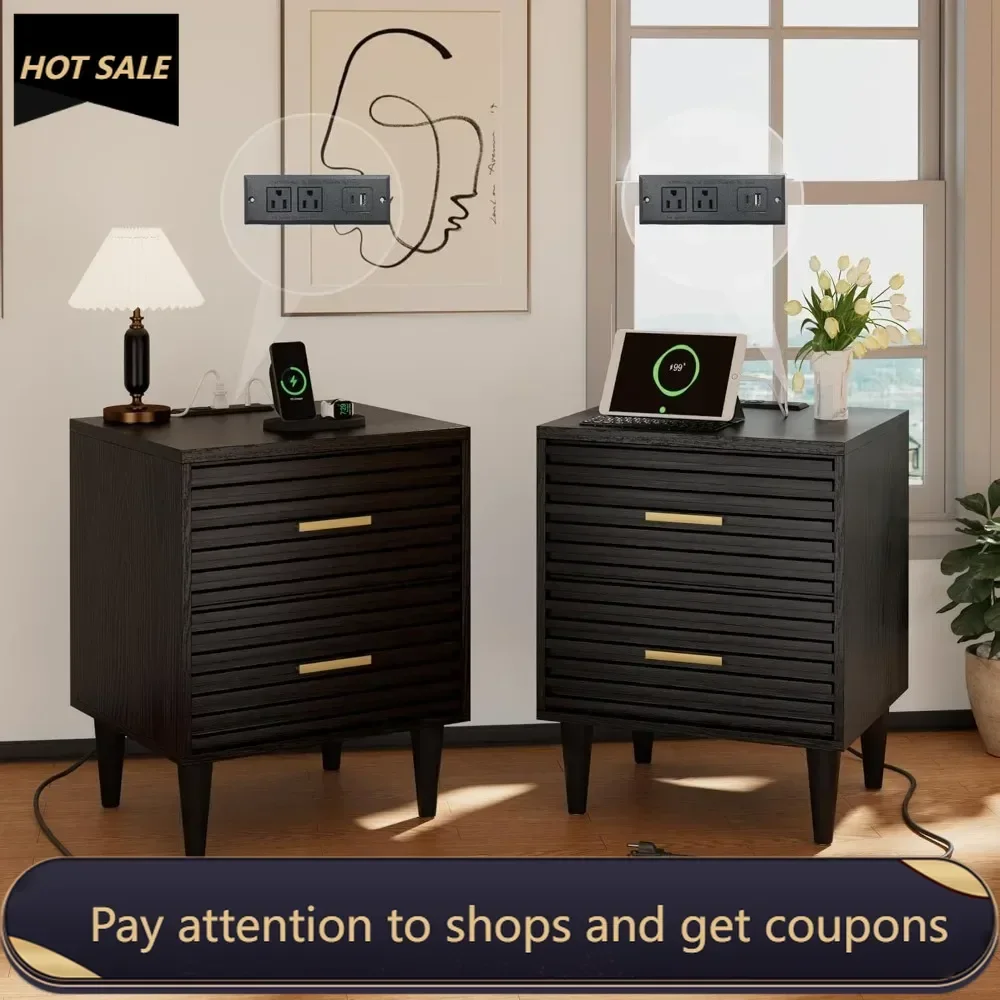 Black Nightstand with Charging Station Set of 2, 19