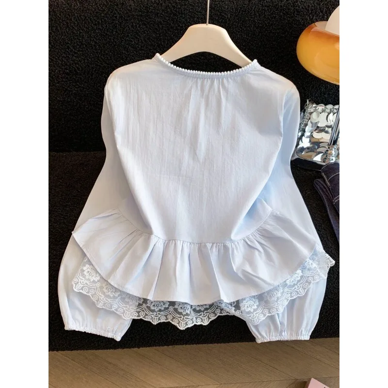 French Sweet Lace Blue Shirt Women's Spring New Foreign Style Ruffled Edge Skirt Long Sleeve Top Exquisite Temperament Simple