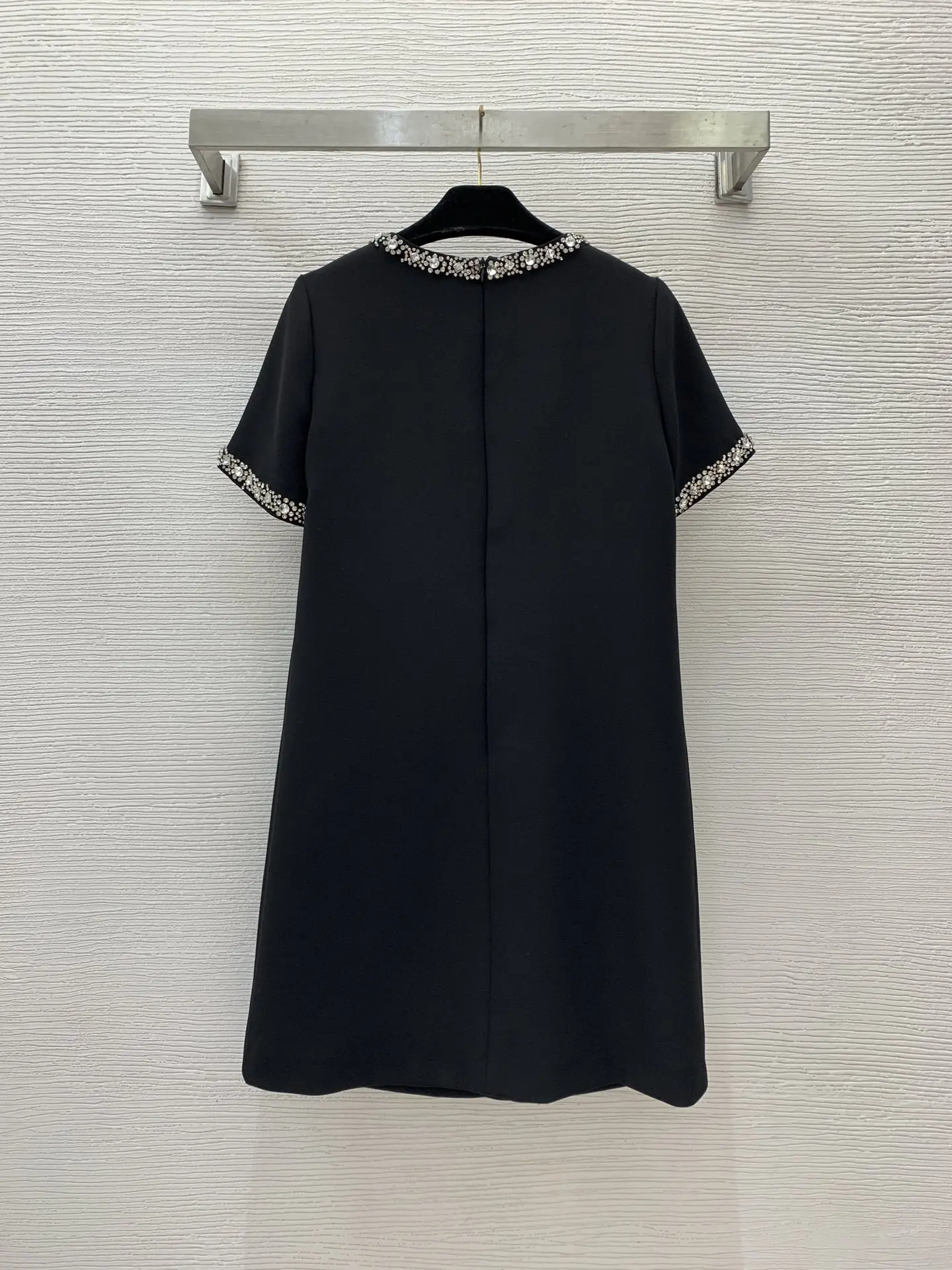 New Luxury Heavy Industry Nail Bead Set Diamond Decoration Loose and Versatile Double Pocket Round Neck Short Sleeve Dress