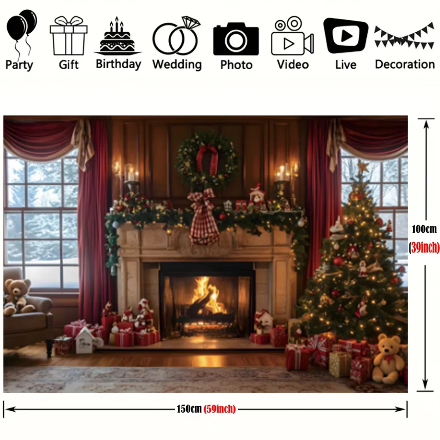 Christmas Photography Background Winter Window Xmas Tree Bear Gift Family Party Decoration Kids Portrait Backdrops Photo Props