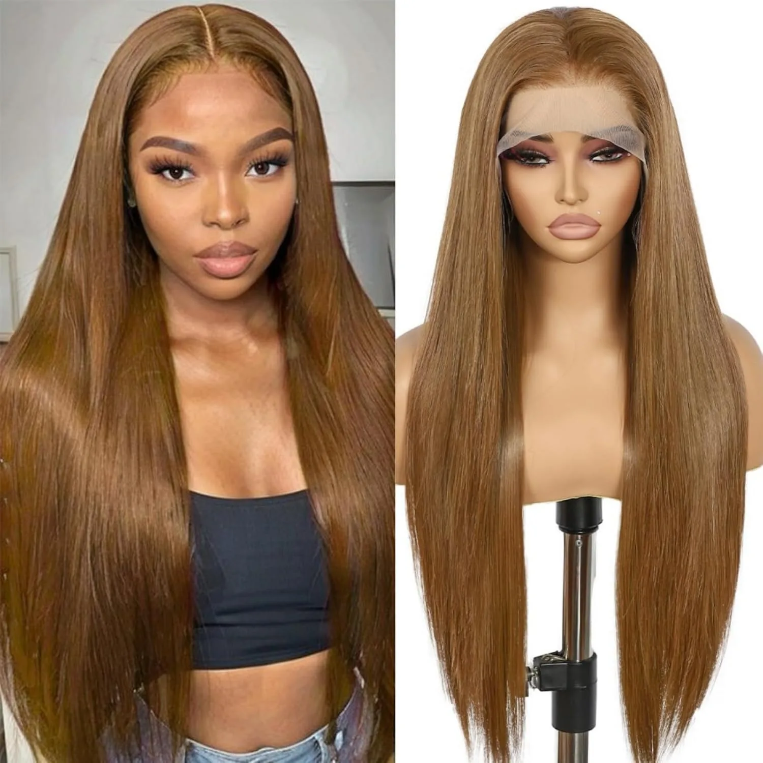 

Light Brown Wigs Bone Straight Lace Frontal Wig 13x4 HD Glueless Synthetic Natural Hairline Heat Resistant Preplucked On Sale