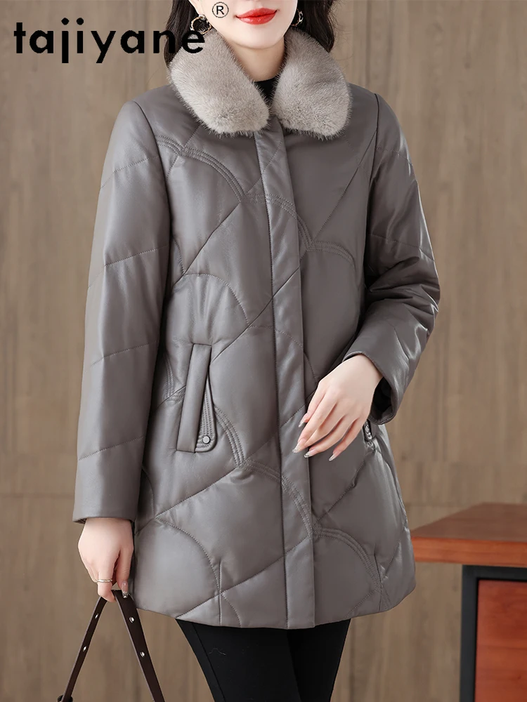 TAJIYANE 100% Schaffell Puffer Jacke Frauen Nerz Pelz Kragen Weiße Ente Unten Mantel Echt Leder Jacken Winter Frauen Kleidung 2025