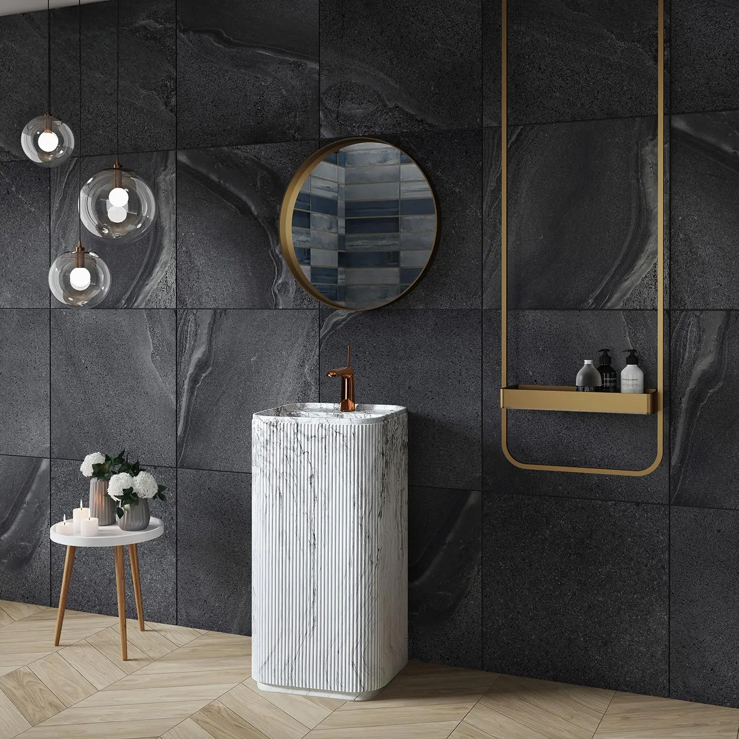 oc-Calacatta White Marble Pedestal Sink,  Luxury Freestanding Basin for Villa, Stain Resistant & Eco-Friendly, Customizable-