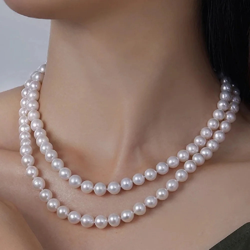 Natural 2-Row Pearl Necklace AAAA6-7mm South Sea Round Pearl Necklace 925s 16-26 inch