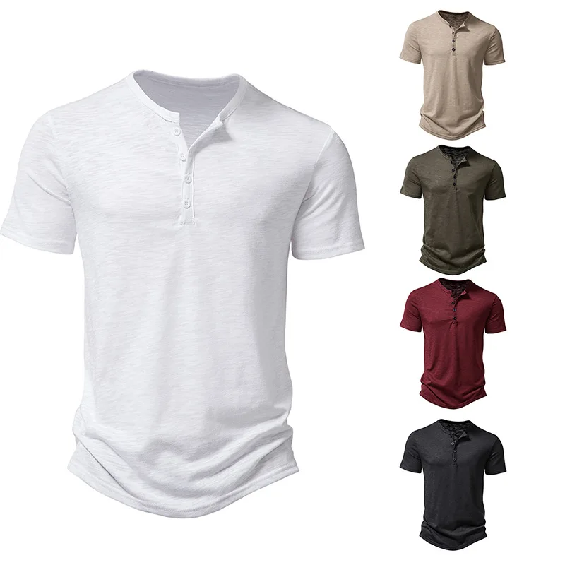 Maglietta in fibra di bambù da uomo Casual di alta qualità estate manica corta Henley Neck magliette da uomo moda Basic T-Shirt maschile