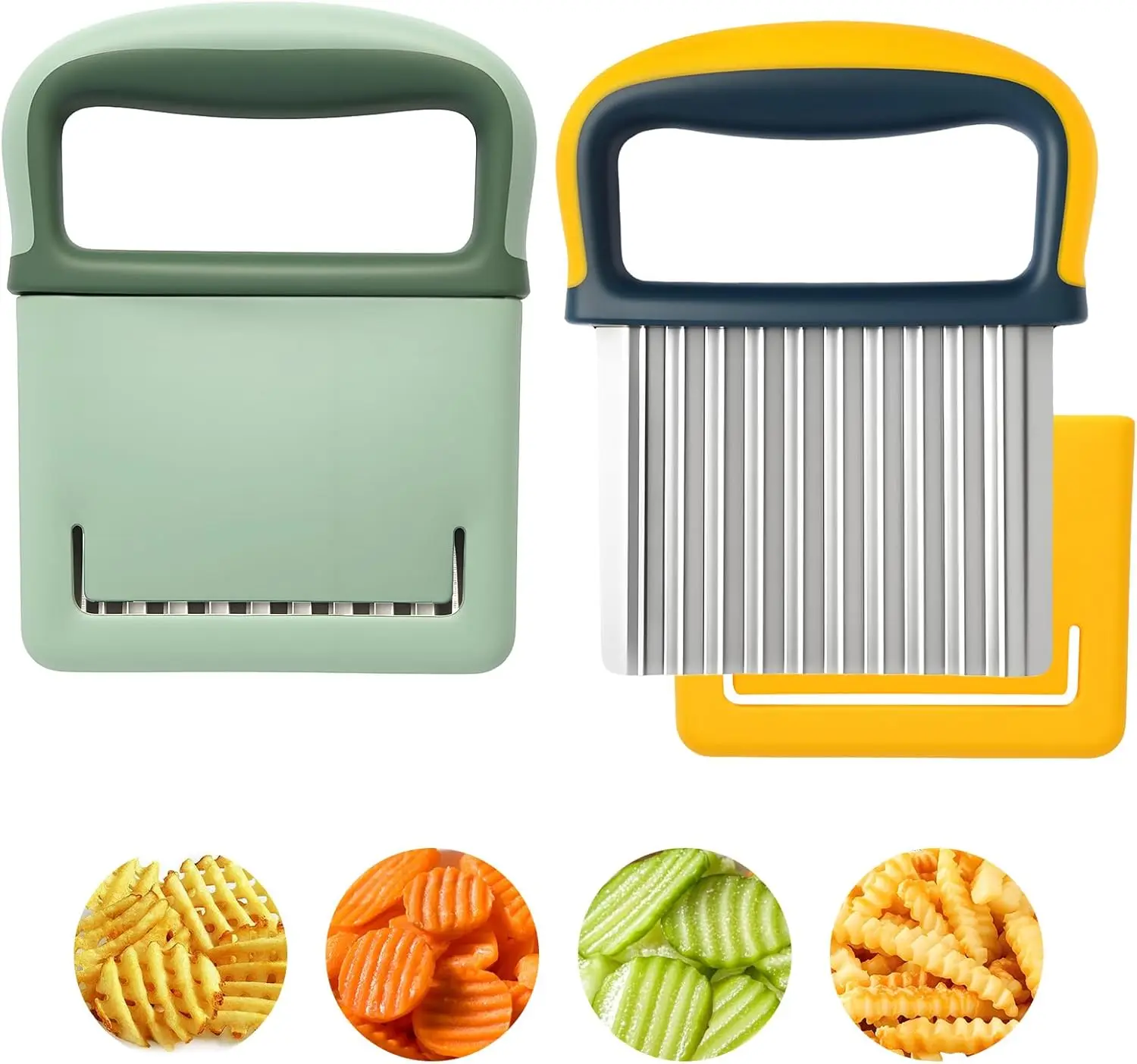 

2 Pack Crinkle Cutter Set, Stainless Steel French Fry Cutter for Potatoes, Safe Wavy Veggie Slicer with Blade Cover,