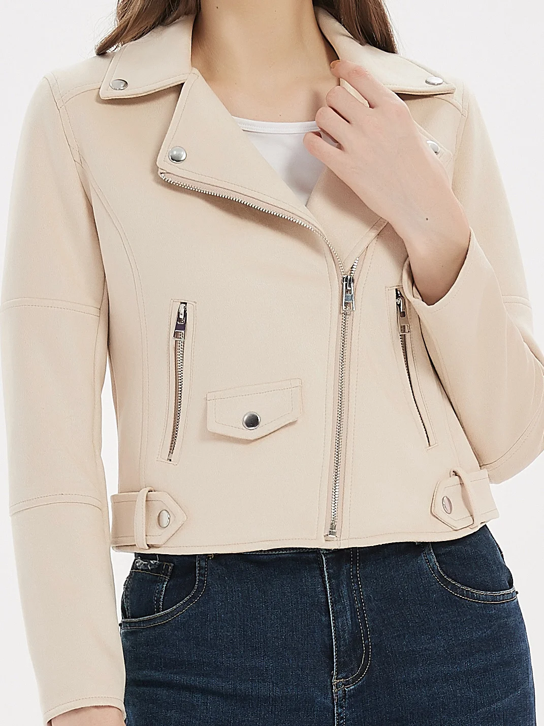 Women's Elegant Smooth Soft Faux Suede Leather Jackets Office Lady Casual Short Beige Matte Zipper Front Pocket Coats Outerwear