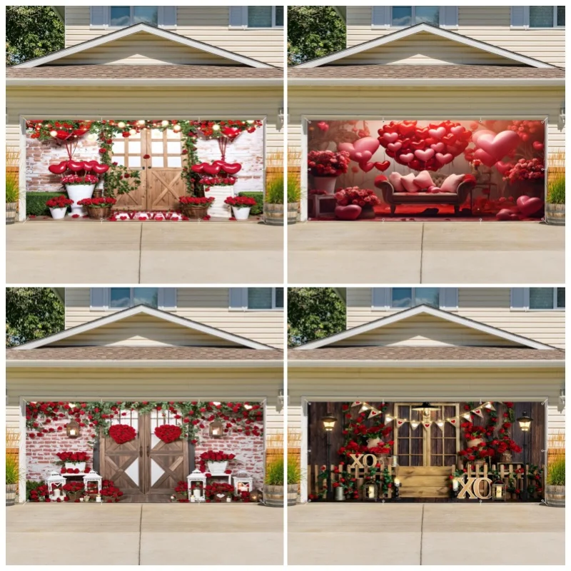 Valentine's Day Garage Door Backdrop Photography Red Rose Love Bear Balloon Pattern Outdoor Decor Proposal Scene Background Prop