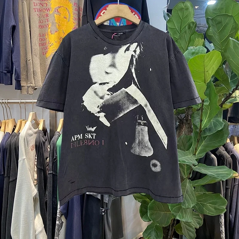 

Depred Rich Second Generation High Street Character Print ort Sve T-irt Vintage Worn Loose Top Street Sle Cotton Tee