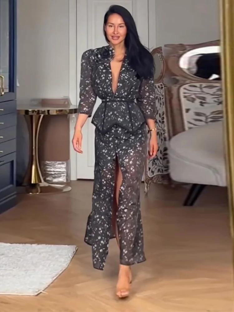 

Elegant Women's Waistband Printed Long Dress Waist Cinched V-neck Buttons Puff Sleeve Party Dresses 2026 Summer Holiday Robes