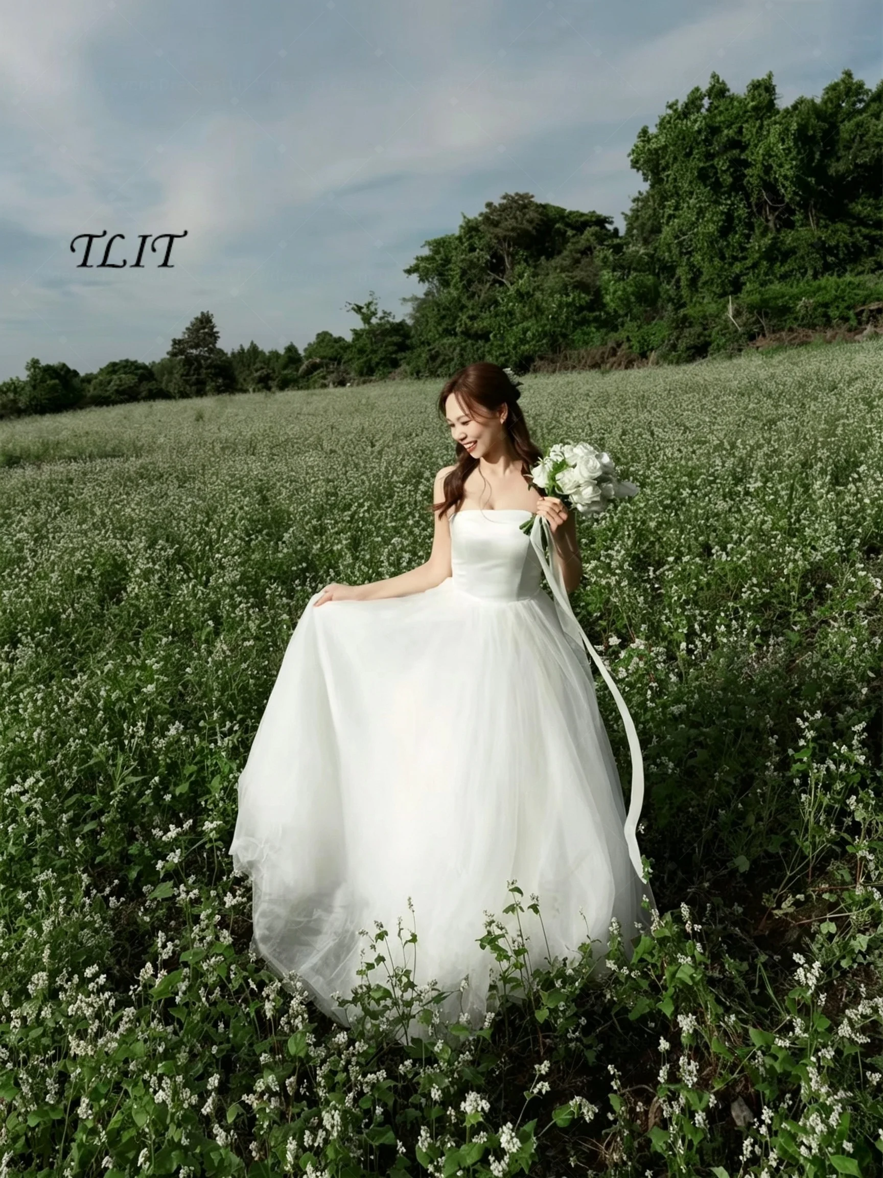 TLIT Customized Ivory Tulle Wedding Dress Strapless Puffy A Line Bridal Gowns Floor Length Bridal Vestido De Novia