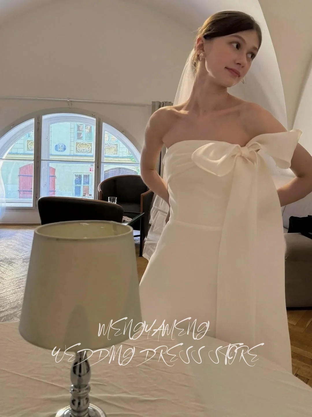 ZHUISHU Simple A-Line Bow Wedding Party Dress Strapless Floor Length Ivory Organza Korea Photo Shoot Bridal Gown Customized