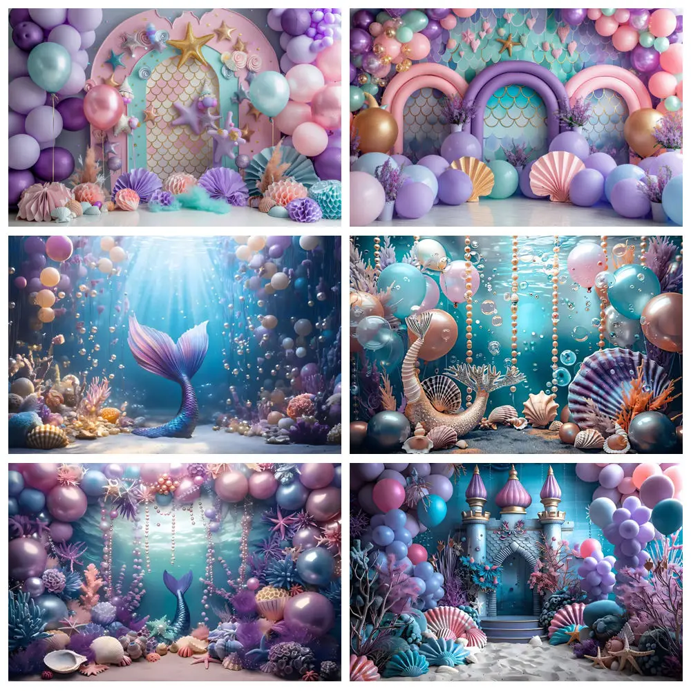 

Mermaid Theme Birthday Baby Shower Backdrop Mermaid Balloon Underwater World Seabed Newborn 1st Birthday Photography Background