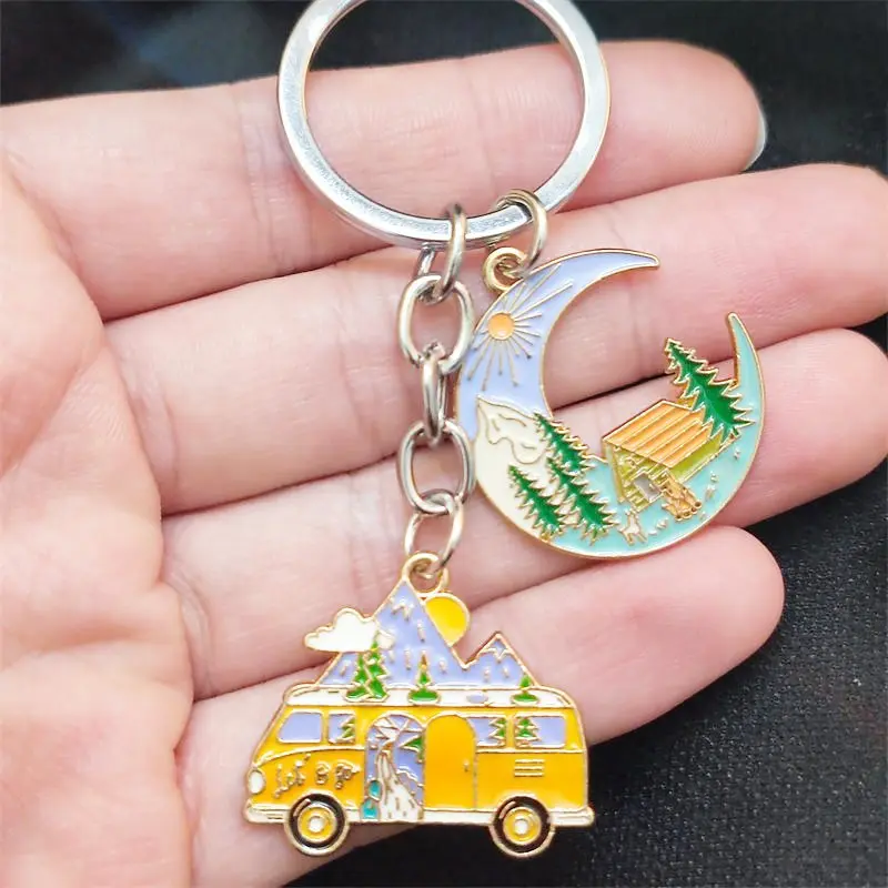 Camping Bus Moon Snow Scenic Tourist Souvenir Keychain KeyRing Women Man Accessories Jewelry Bag Pendant Family Gift