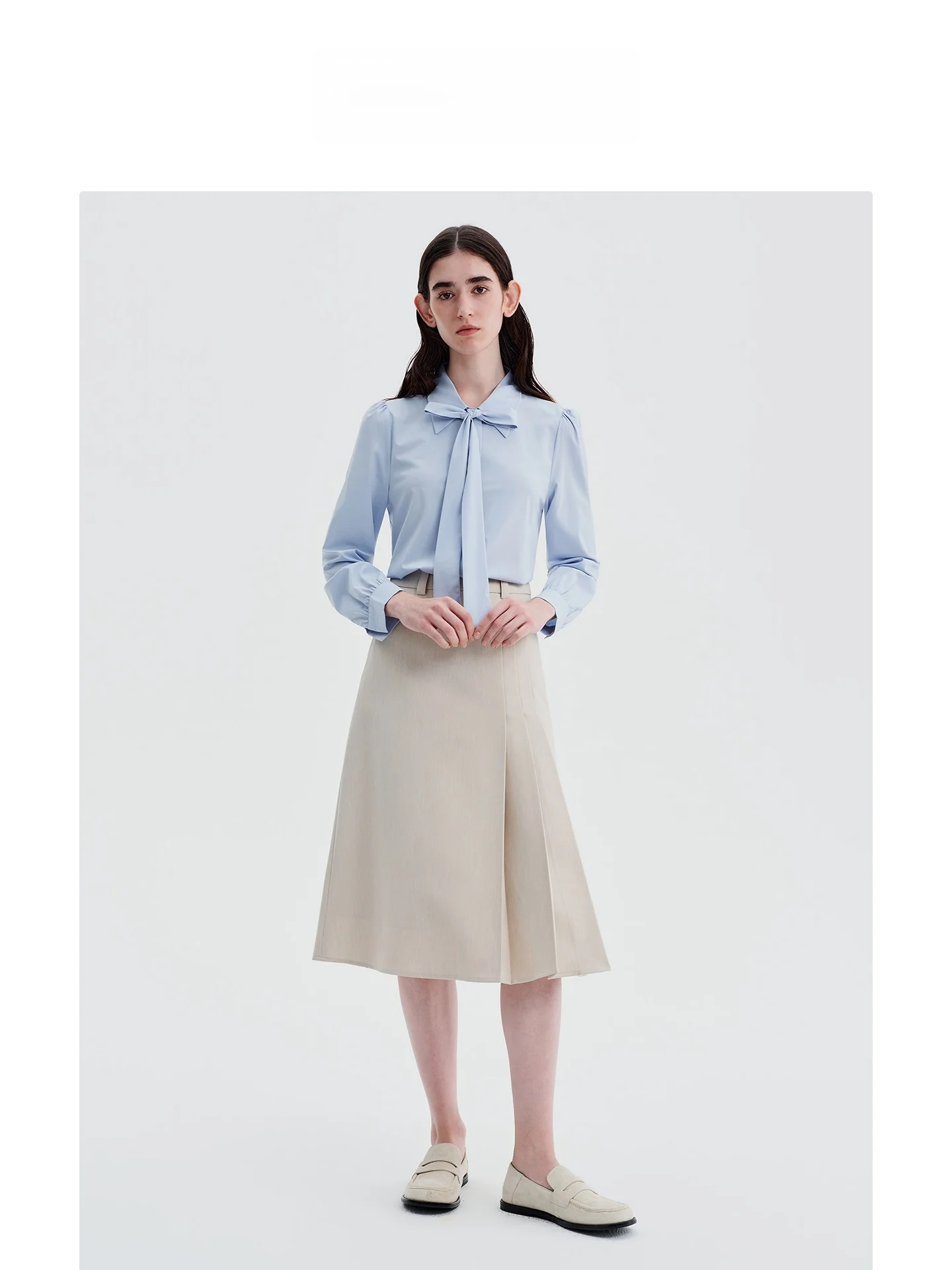 

Синяя женская офисная блузка с длинным рукавом и бантом, из бамбукового волокна, прямого кроя, для деловых встреч, из полиэстера