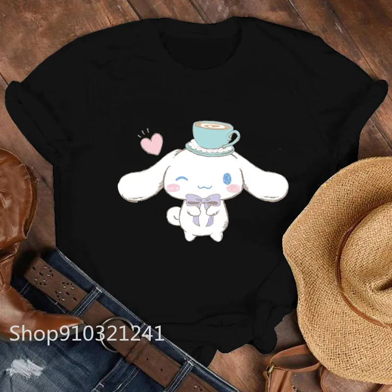 Kawaii CAFE T-shirt Women Cinnamoroll Summer Graphic Tee Shirts Printed Cute Short Sleeve Cartoon T Shirt Tops Female Clothing