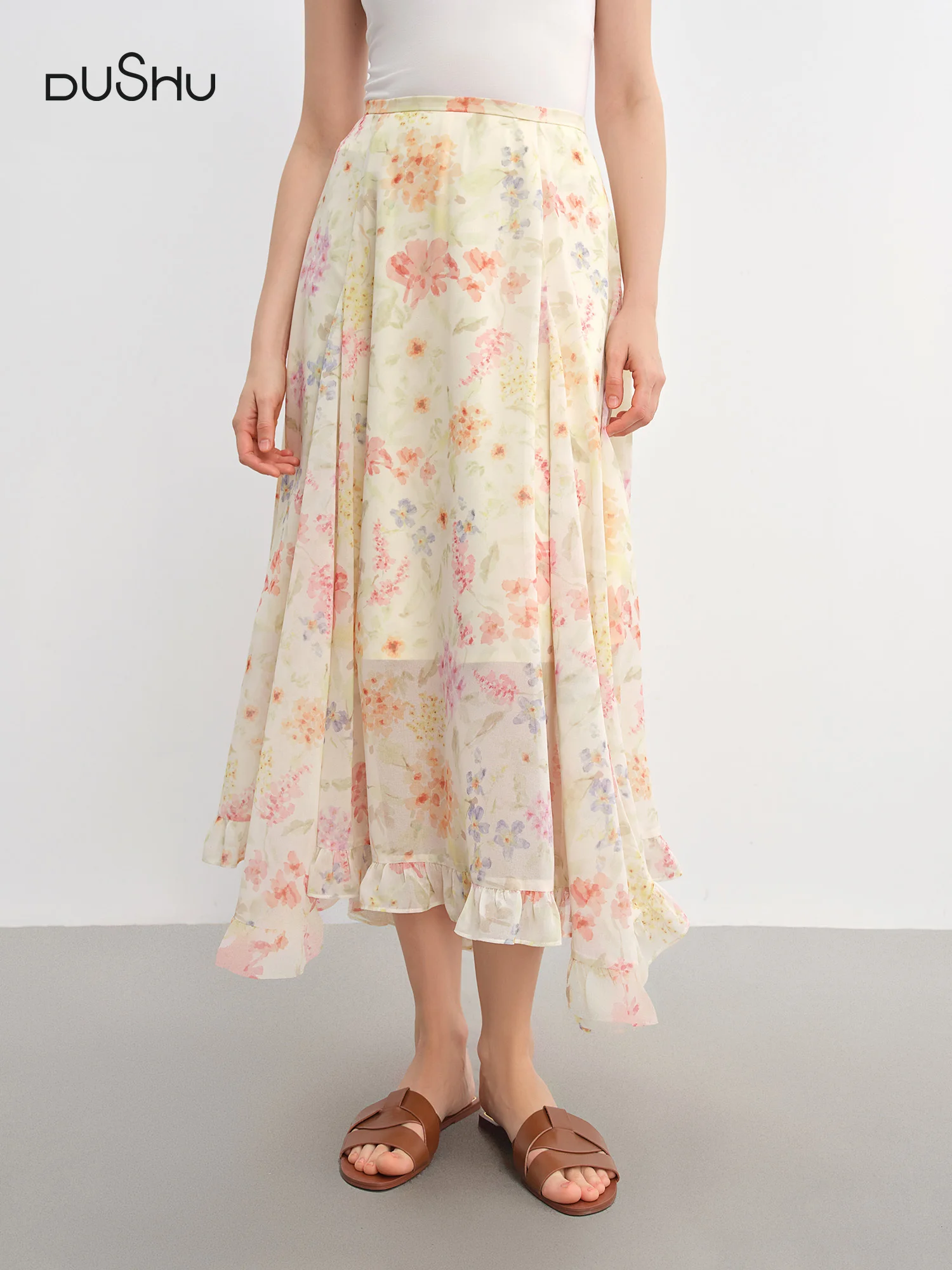 DUSHU Plus-Size Women's Ruffled Lace Floral A-Line Skirt 2025 Summer New Stylish Office Casual Skirts 25DS82885