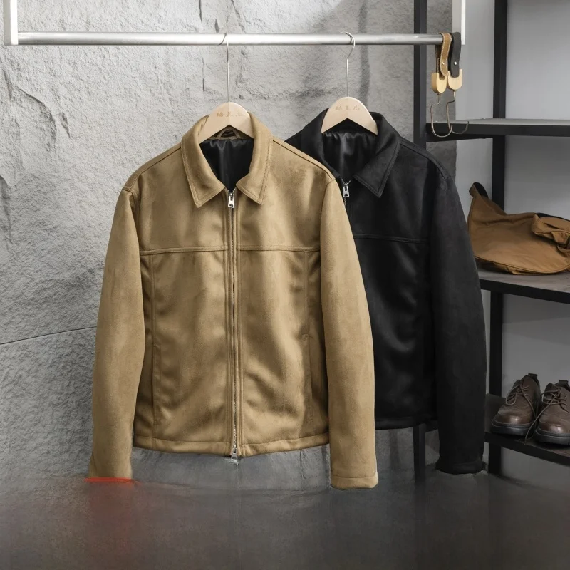 

Men's Fashionable Short Suede Jacket Spring 2026 Retro Style Long Sleeve Zipper Closure Standard Fit Polyester Blend Garment