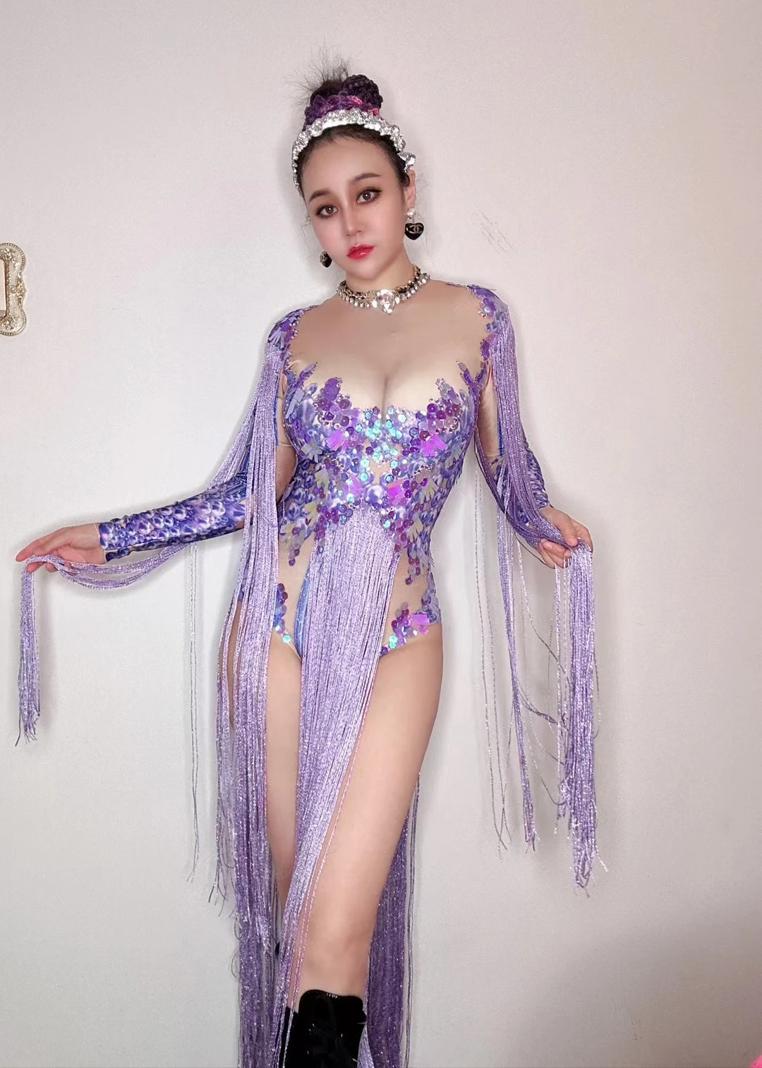 

Dance Costume Stage Wear Performance Show_eotard Shining Purple Sequin Fringes LongSleeve Spandex Bodysuit Nigthclub Outfit B027