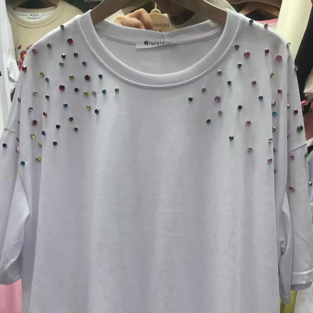 Cotton Colorful Diamonds Short Sleeve Tshirt For Women Loose Casual T-shirt 2024 Spring Summer Mid-length Tops Tees Camiseta