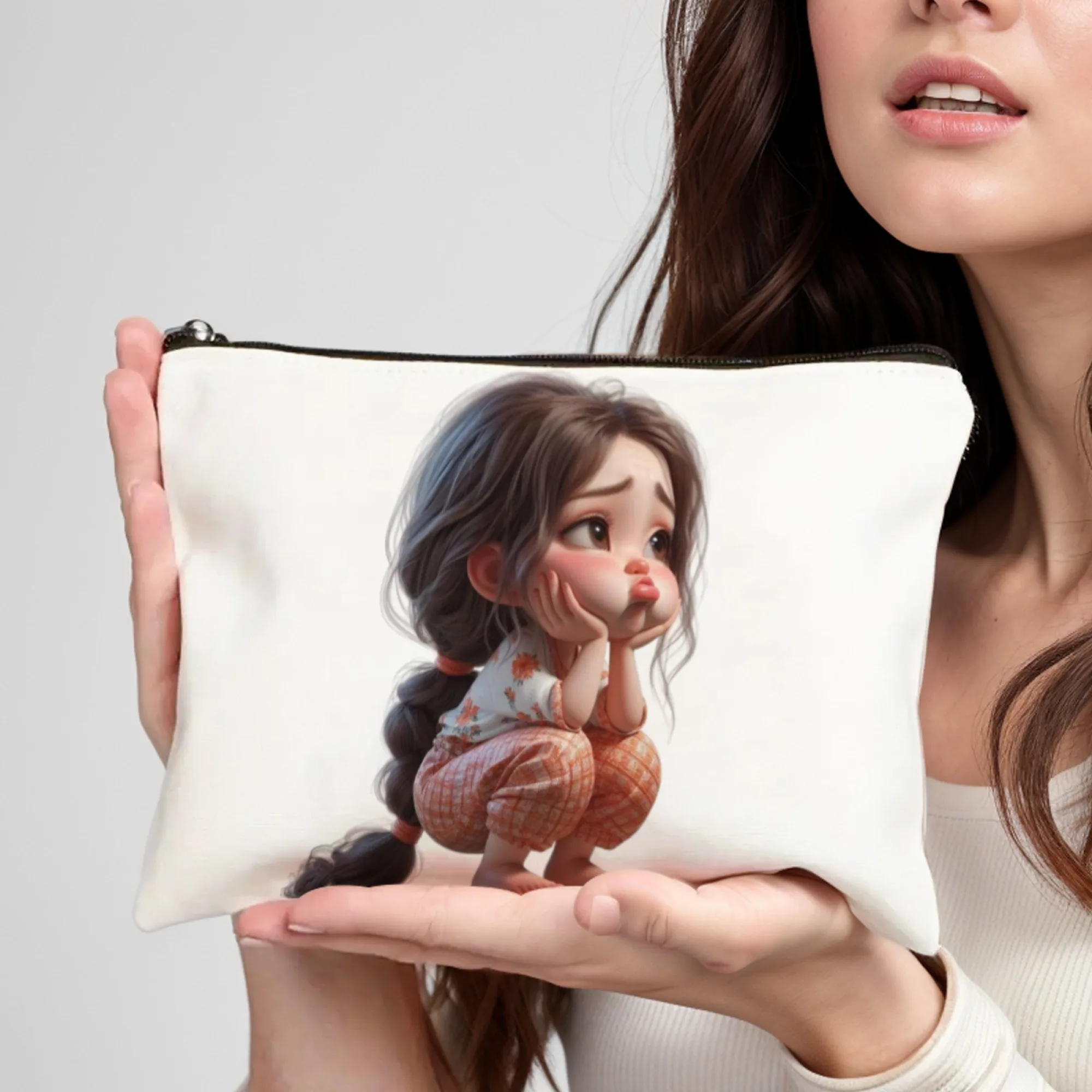 Ragazza con capelli lunghi Stampa Elegante borsa per il trucco con cerniera, custodia cosmetica portatile leggera con chiusura ideale per i regali di compleanno