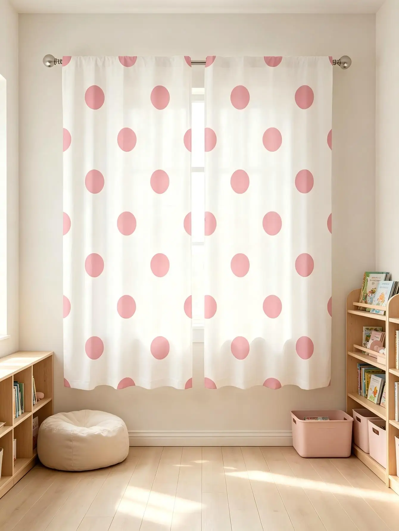 2PCS Digital Print Curtain, Pink Polka Dot Pattern Retro, Cute Pastel Vintage for Living Room Bedroom Kitchen Window Decor