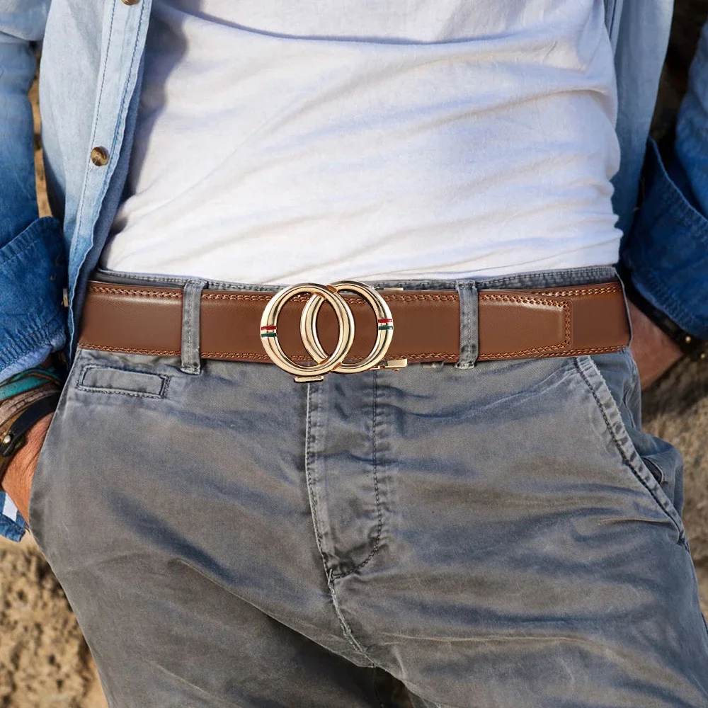 Men Belt Genuine Leather Belt Metal Alloy Automatic Double Loop Buckle Classic Retro Belts for Men\'s Cowhide Waistband Fashion
