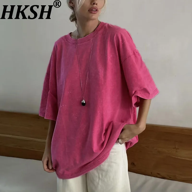 

HKSH Новая летняя женская футболка с круглым вырезом и коротким рукавом, потертая винтажная хлопковая футболка High Street, повседневные базовые топы Y2K HK11732