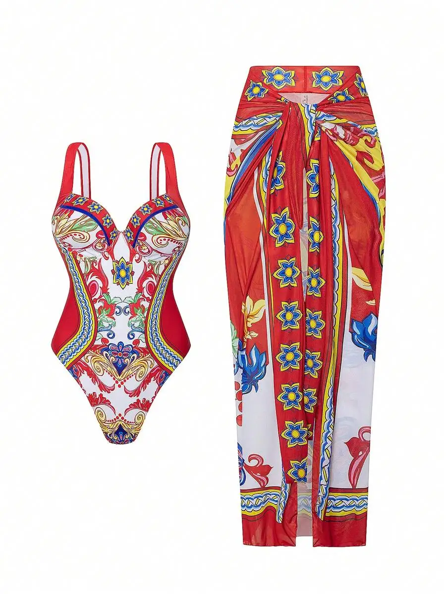 

Women Two Piece Swimsuit Set With Wrap Skirt Floral Print Red Multicolor Beach Vacation Swimwear