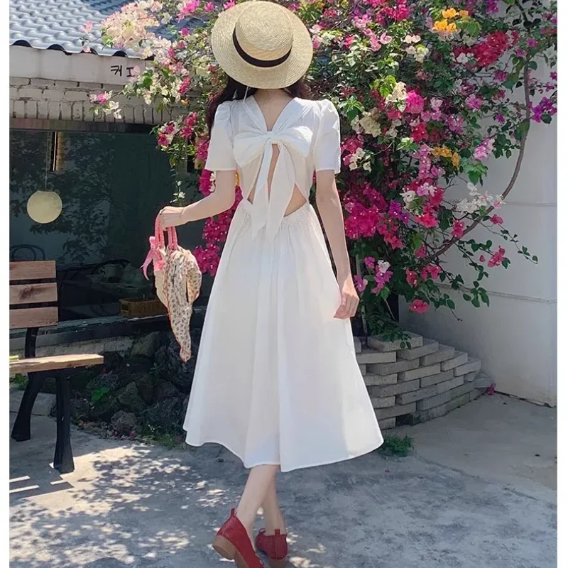 Summer New Solid Round Neck Color Hollow Out Backless Bow Waist High Long Dress Simplicity All-match Korean Women Clothing