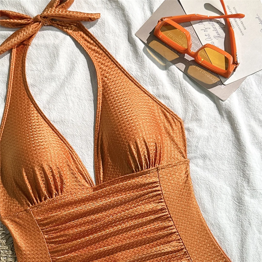 V-Ausschnitt, Neckholder, geraffter Einteiler-Badeanzug, Damen-Bademode, rückenfreier Monokini, hoher Beinausschnitt, Badeanzug, Badebekleidung, V7568 – Detail 11