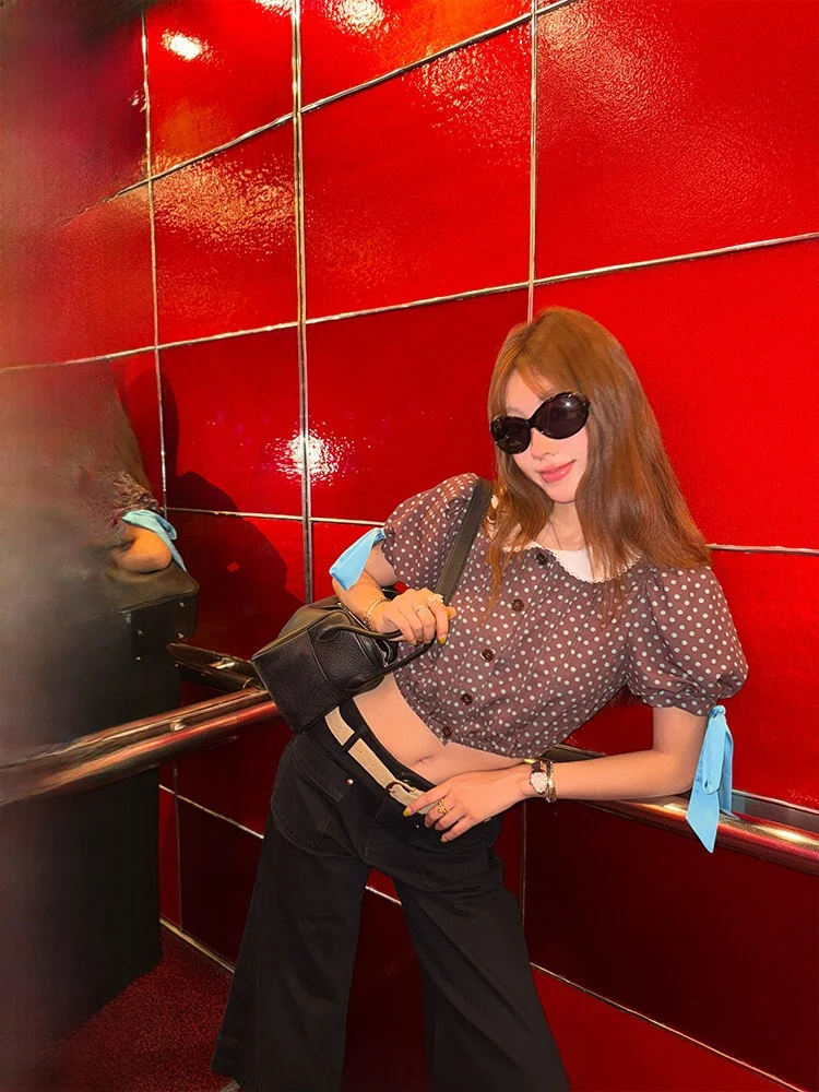 

Ranwear Laa Tokyo Night Song Retro Chiffon Bubble Sve Color Blo Knot Doll irt Women's Faion Summer Blouse