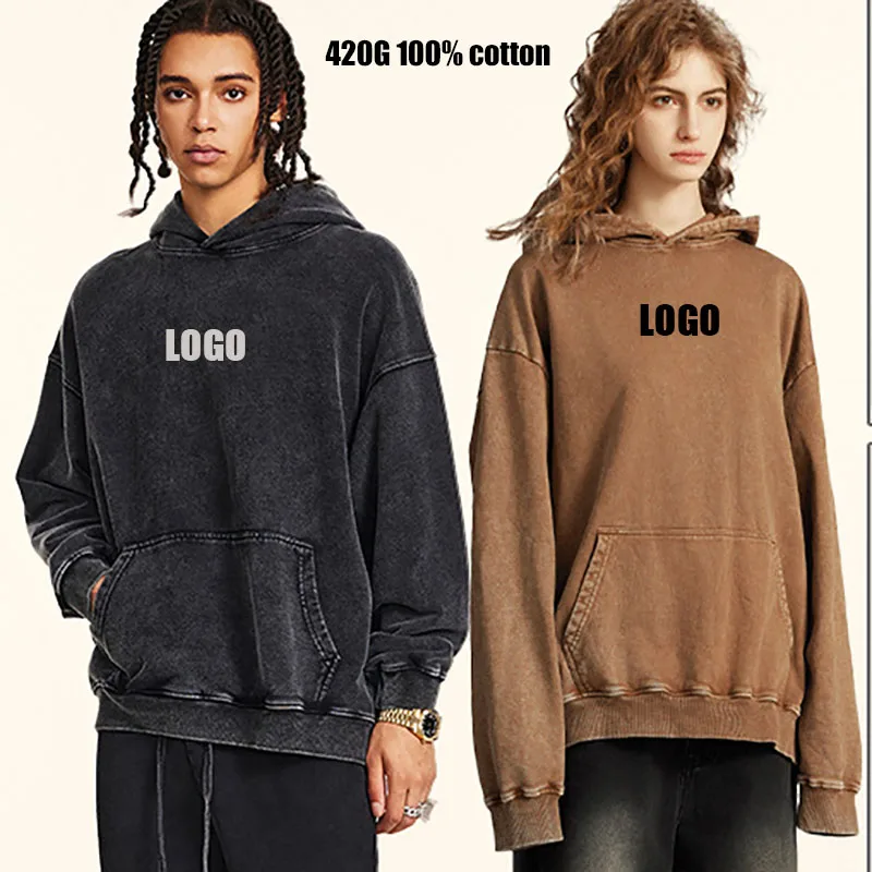 Custom LOGO Men's NEW  Autumn 420G Heavy 100% Cotton Loose Sweater Old Batik Couple Clothing Men's and Women's Hooded Top