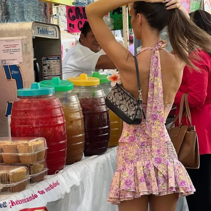 Conjunto de Top sin espalda y minifalda fragmentada para mujer, Top con cuello en V, Sexy, a la moda, dulce, Verano