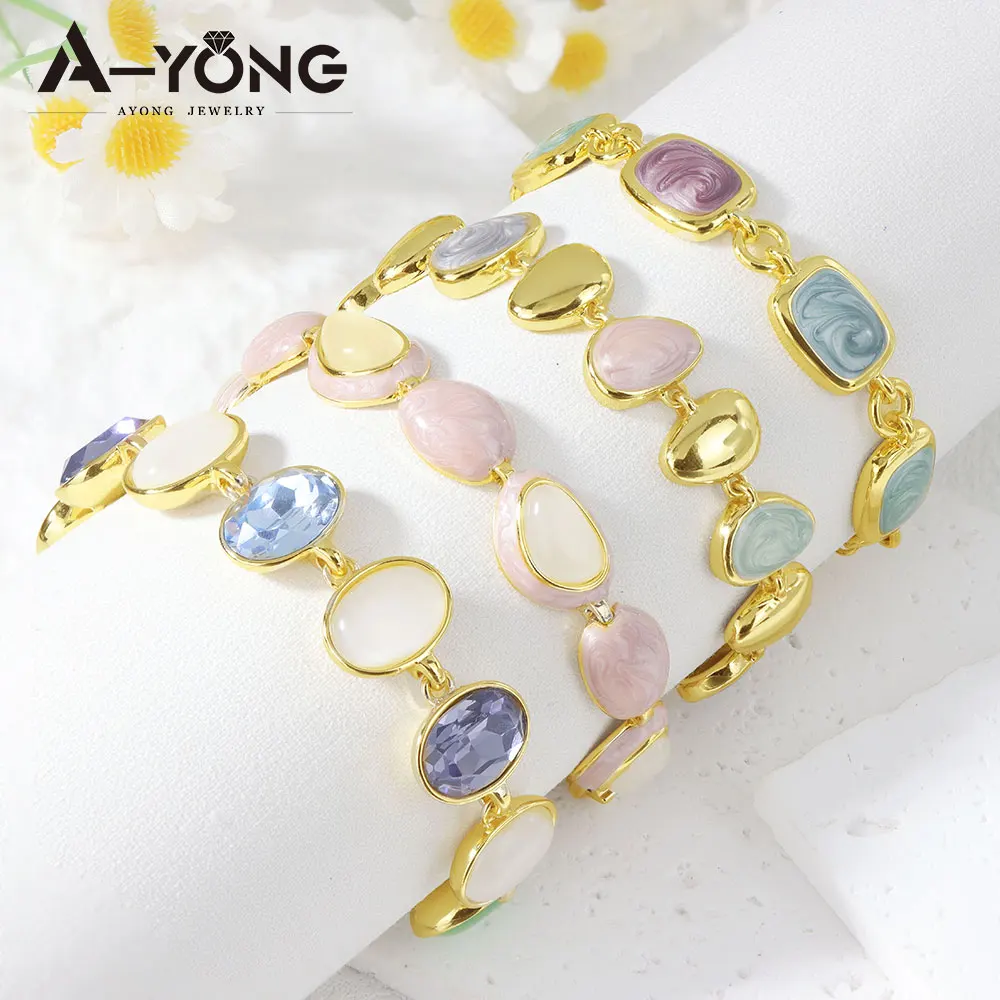 

Luxury Crystal Gold Bracelet 14k Fashion Bohemian Colored Enamel Hand Chains Europe America Women Party Statement Jewelry