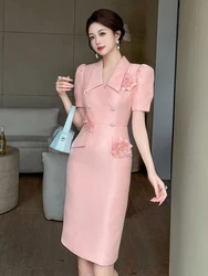 Elegant Fashion Pink Business Formal Dress Women Sweet Flowers Bubble Sleeve Slim Pencil Robe Party Prom Vestido Banquet Clothes